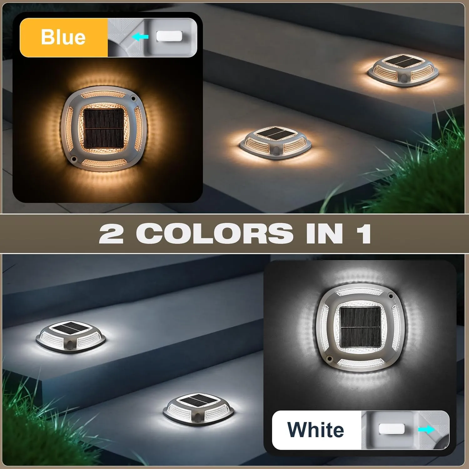 VOLISUN Solar Driveway Lights 8 Pack Waterproof Dock & Deck Marker Lights,2-in-1 Warm White & White LED,IP67 Wireless Outdoor Solar Light for Driveways,Sidewalks,Pathways,and Yards