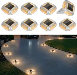 VOLISUN Solar Driveway Lights 8 Pack Waterproof Dock & Deck Marker Lights,2-in-1 Warm White & White LED,IP67 Wireless Outdoor Solar Light for Driveways,Sidewalks,Pathways,and Yards