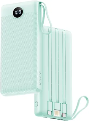 VRURC Portable Charger 20000mAh, Built-in Cables Fast Charging Power Bank, PD QC 3.0 Travel Essentials Battery Pack, 4 Output & 2 Input Phone Charger for iPhone16 15 14 13 X, Samsung, Android-Green