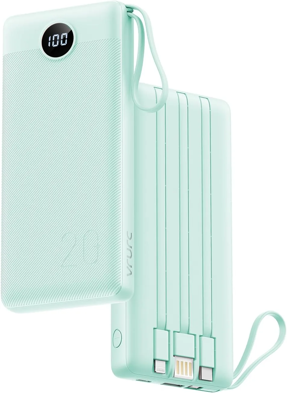 VRURC Portable Charger 20000mAh, Built-in Cables Fast Charging Power Bank, PD QC 3.0 Travel Essentials Battery Pack, 4 Output & 2 Input Phone Charger for iPhone16 15 14 13 X, Samsung, Android-Green