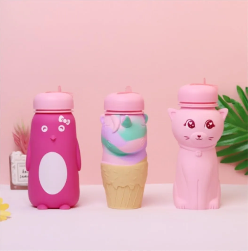 Water Bottle Cartoon Kettle Portable Anti-Fall and Leak-Proof Silicone Folding Water Cup Outdoor Sports Cup(Red Kitten Bottle)
