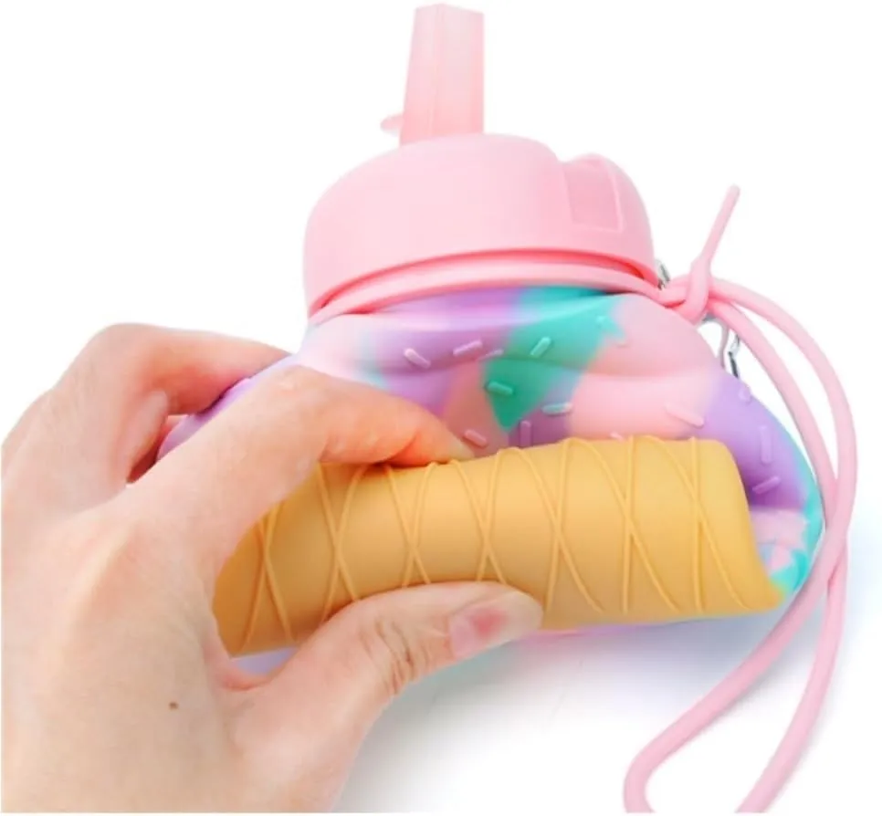 Water Bottle Cartoon Kettle Portable Anti-Fall and Leak-Proof Silicone Folding Water Cup Outdoor Sports Cup(Red Kitten Bottle)