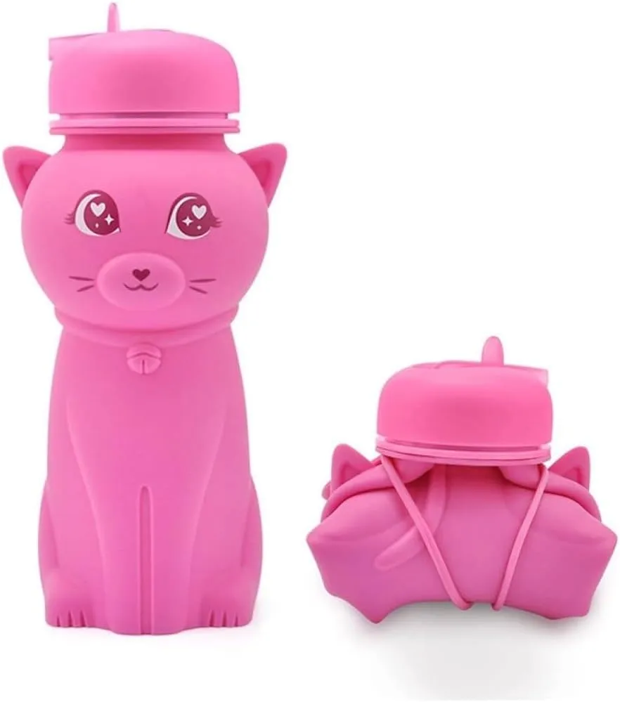 Water Bottle Cartoon Kettle Portable Anti-Fall and Leak-Proof Silicone Folding Water Cup Outdoor Sports Cup(Red Kitten Bottle)