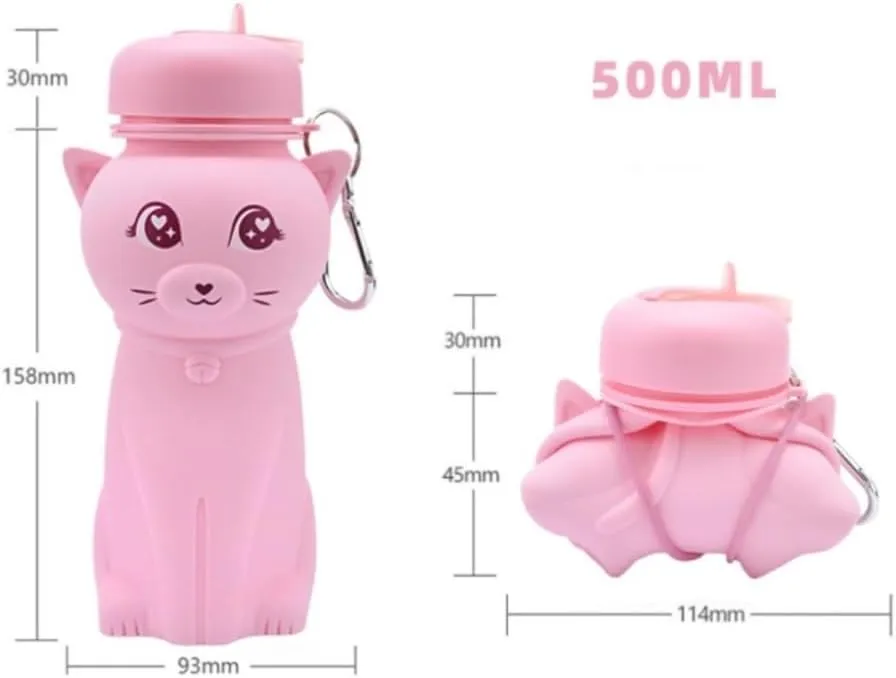 Water Bottle Cartoon Kettle Portable Anti-Fall and Leak-Proof Silicone Folding Water Cup Outdoor Sports Cup(Red Kitten Bottle)