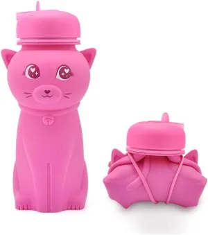 Water Bottle Cartoon Kettle Portable Anti-Fall and Leak-Proof Silicone Folding Water Cup Outdoor Sports Cup(Red Kitten Bottle)