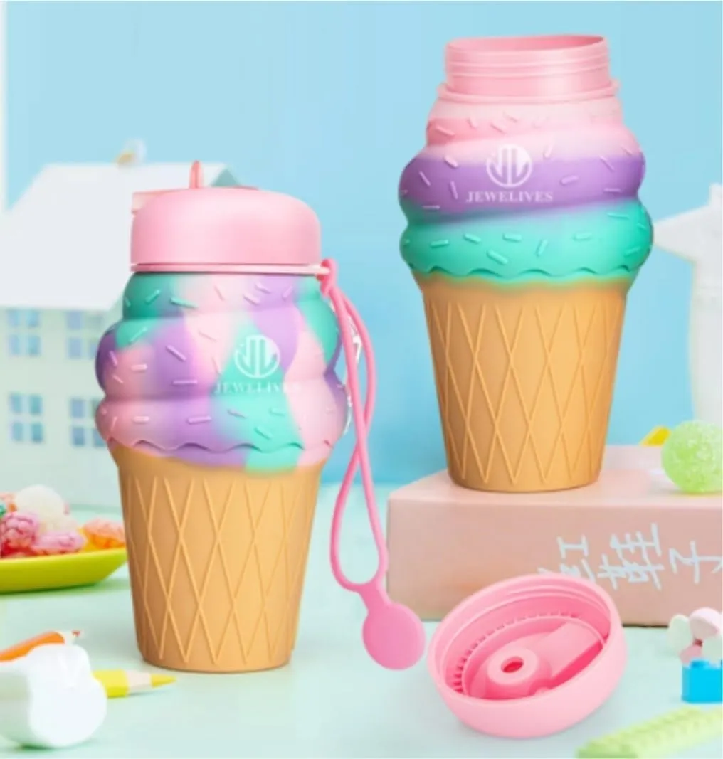 Water Bottle Cartoon Kettle Portable Anti-Fall and Leak-Proof Silicone Folding Water Cup Outdoor Sports Cup(Red Kitten Bottle)