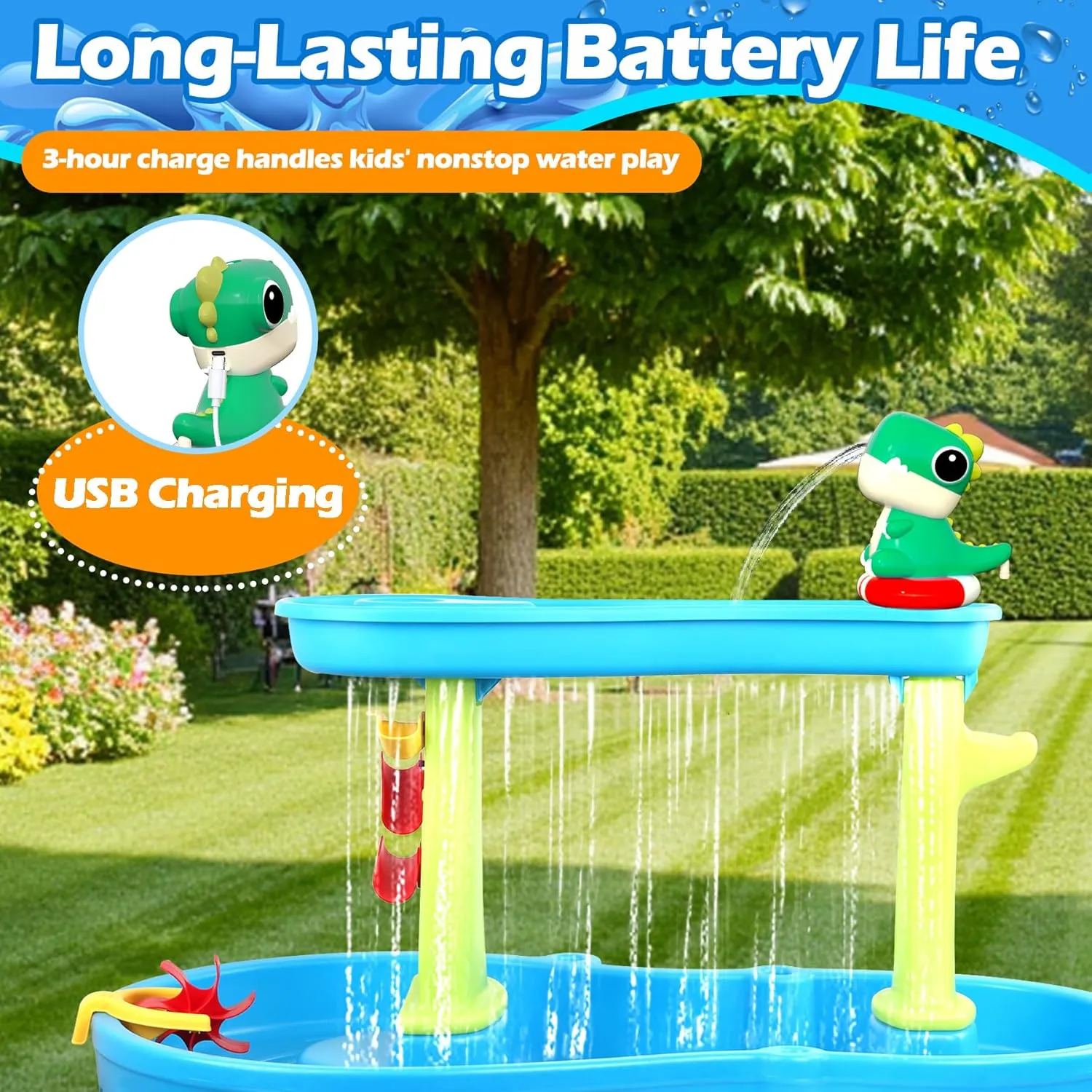 Water Table Pump Continuous Flow – Dinosaur Rechargeable Battery Powered Water Pump for Water Table Accessories – Summer Outdoor Water Play Toys for Kids Outside (Green)