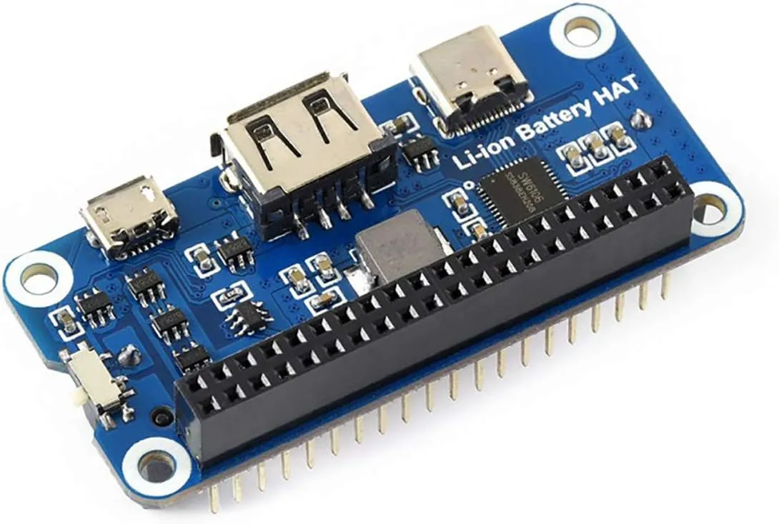 waveshare Li-ion Battery HAT for Raspberry Pi 5V Regulated Output Bi-Directional Quick Charge Integrates SW6106 Power Bank Supports PD/QC/FCP/PE/SFCP