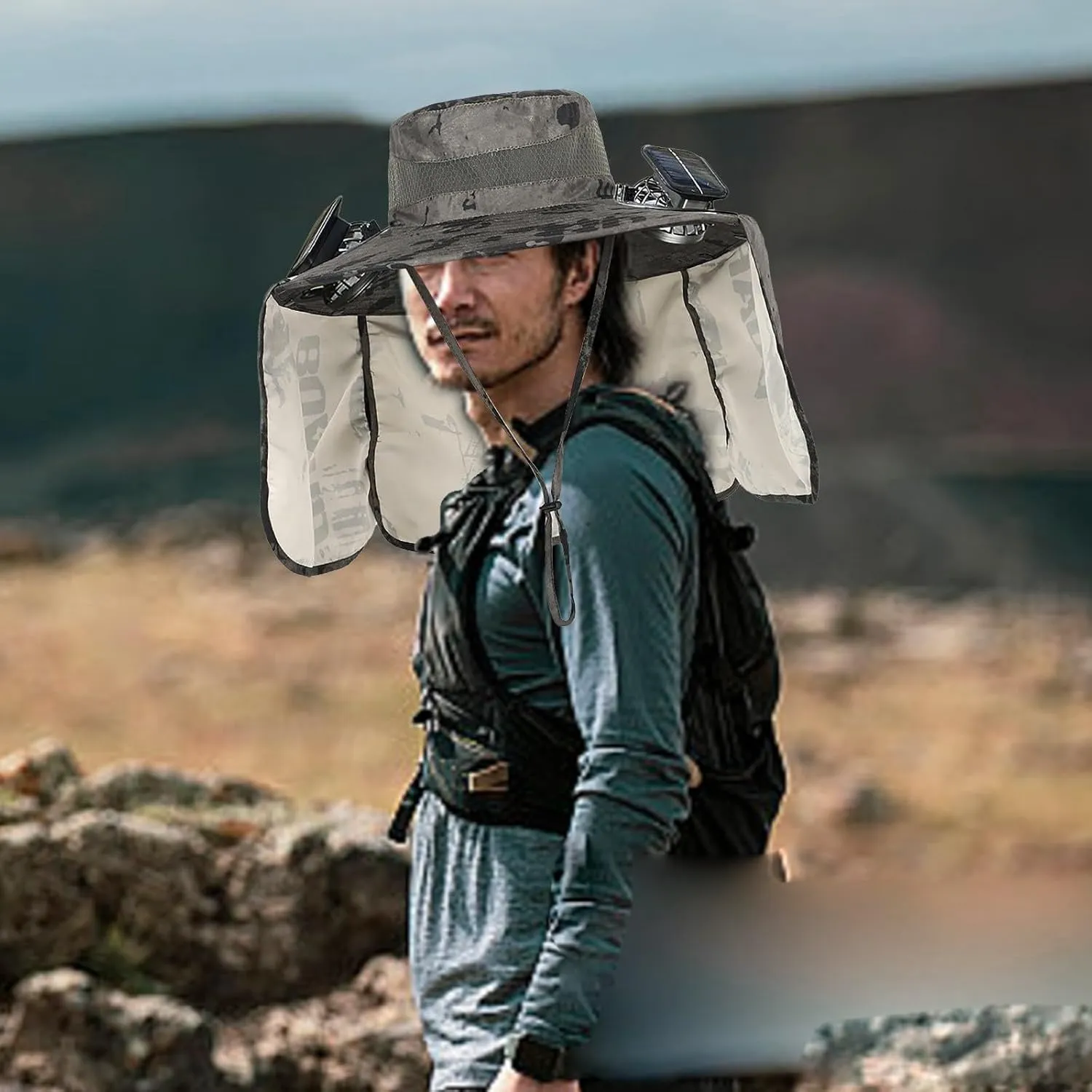 Wide Brim Solar Fan Hat Outdoor Fishing Hats for Men Wide Brim Sun Hat with 2 Solar Fan, Removable & USB Charging