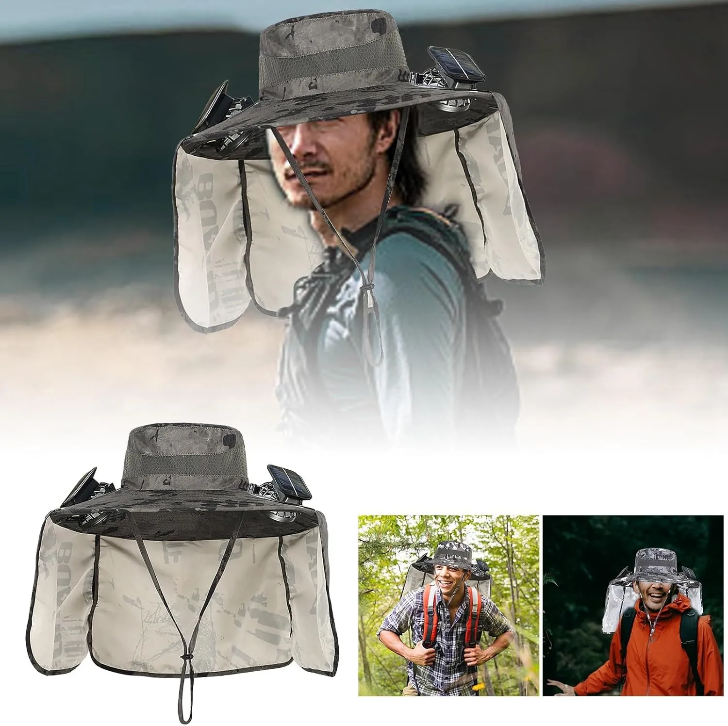 Wide Brim Solar Fan Hat Outdoor Fishing Hats for Men Wide Brim Sun Hat with 2 Solar Fan, Removable & USB Charging