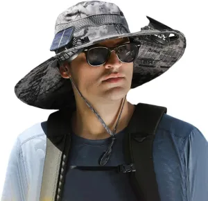 Wide Brim Solar Fan Hat Outdoor Sun Hat with 2 Solar Fan Fishing Hat,Removable & USB Charging Fan,UPF 50  Bucket Beach Hat