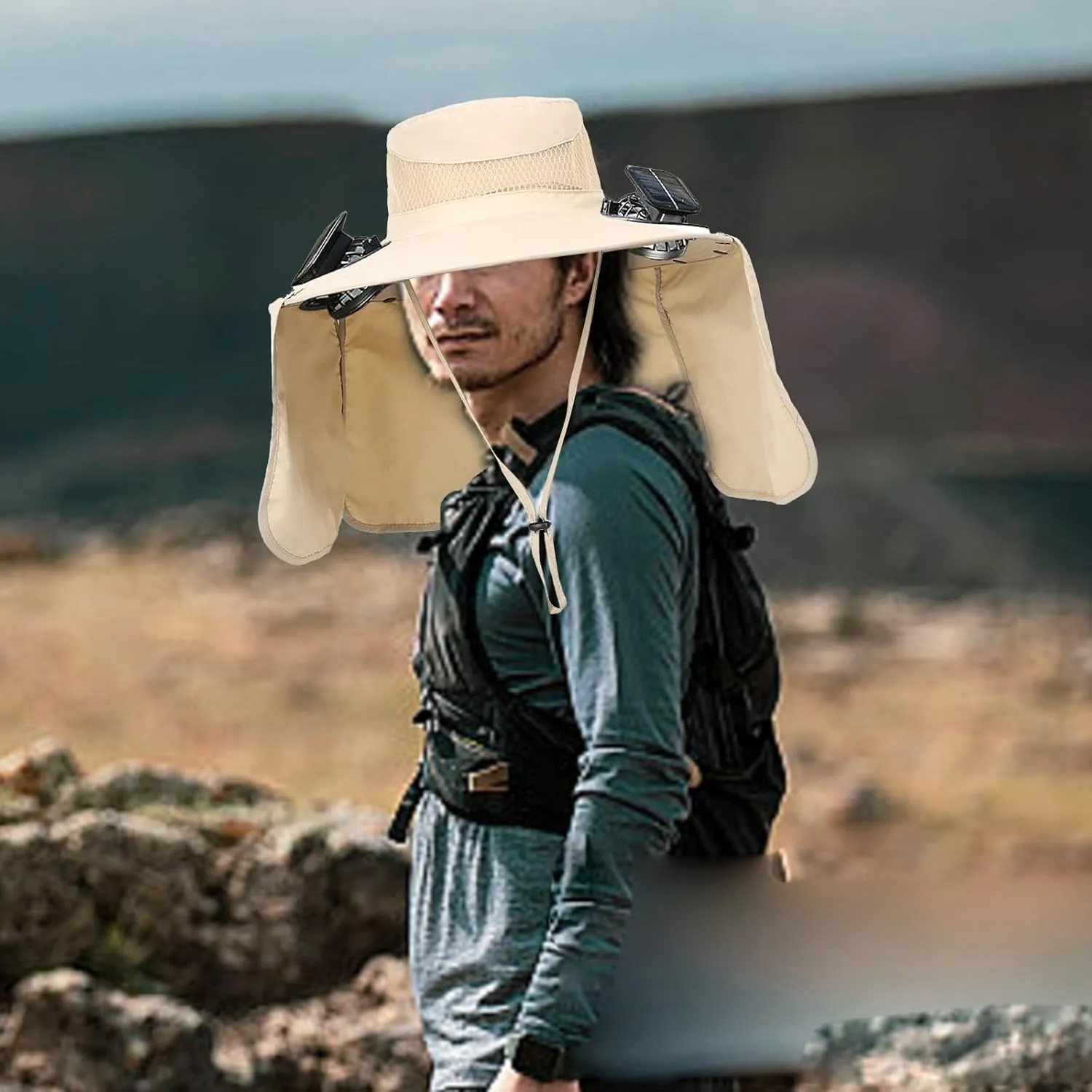 Wide Brim Solar Fan Hat, Wide Brim Outdoor Sun Hat with 2 Solar Fan Fishing Hat - Removable & USB Charging Fan