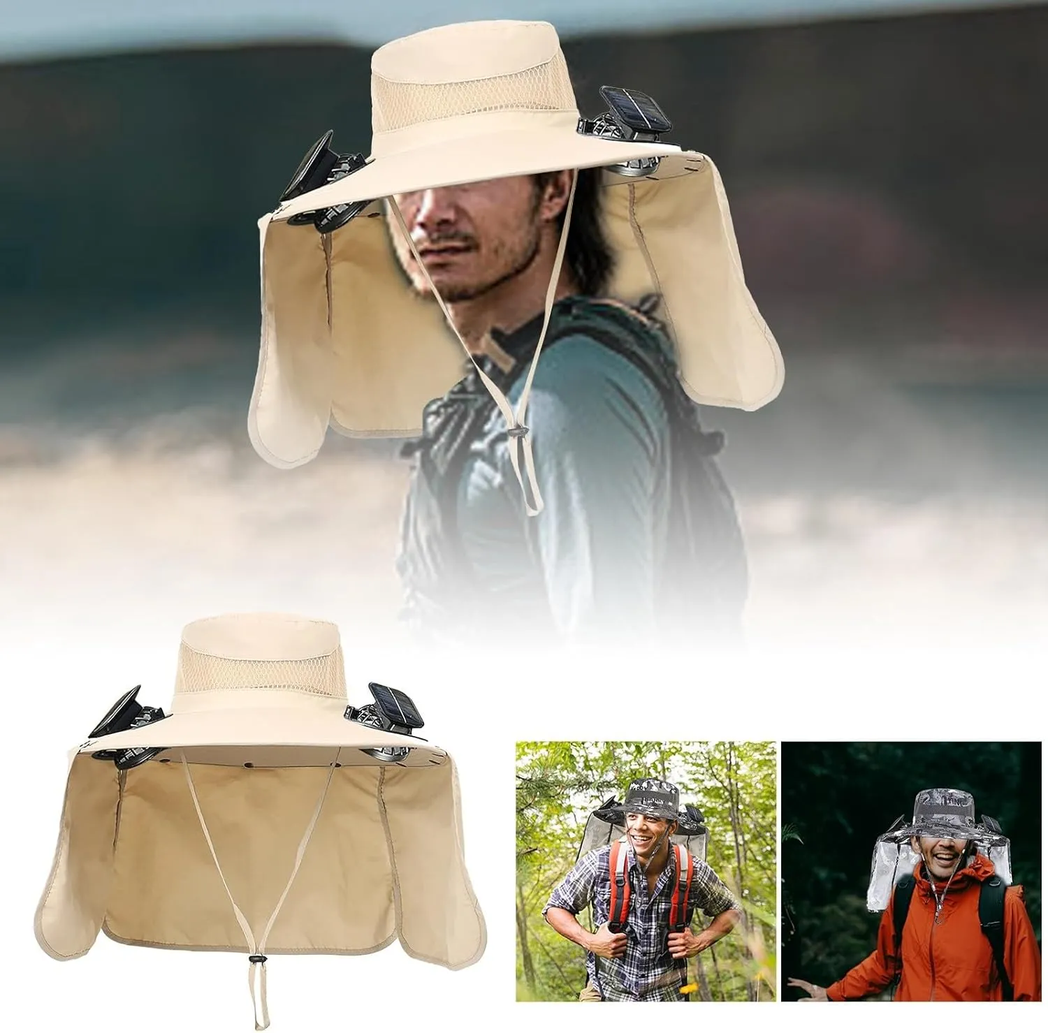 Wide Brim Solar Fan Hat, Wide Brim Outdoor Sun Hat with 2 Solar Fan Fishing Hat - Removable & USB Charging Fan