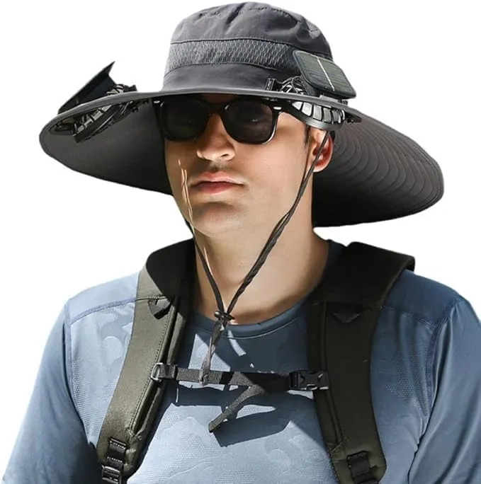Wide Brim Solar Fan Hat, Wide Brim Solar Fan Outdoor Fishing Hat, Solar Fan Hats for Men-Solar & USB Charging