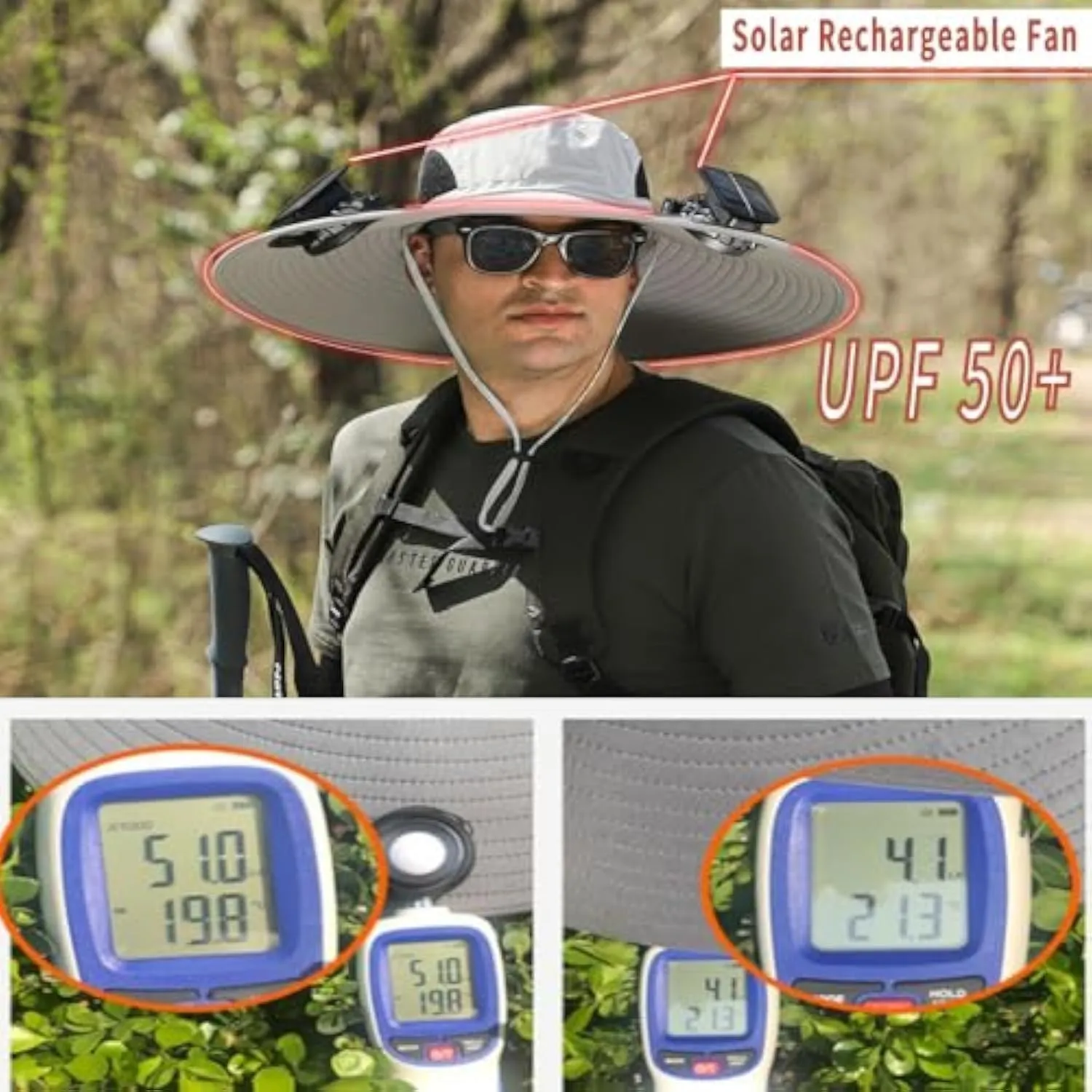 Wide Brim Solar Fan Hat,Hat with Fans Solar Power,Outdoor Wide Brim Sun with 2 Sun Bucket,UPF 50  for Outdoor Fishing