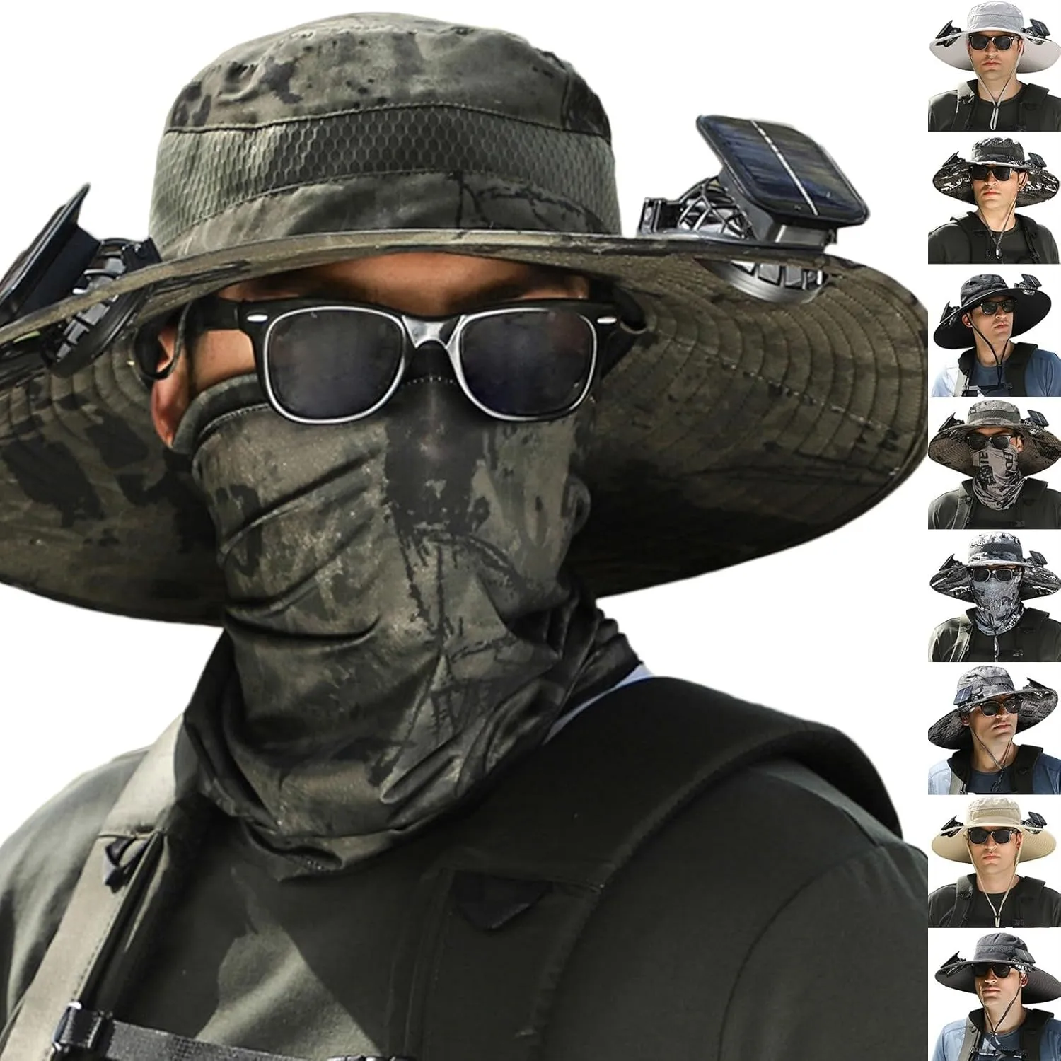Wide Brim Solar Fan Hats for Men, UPF 50  Solar Panel Fan Hat for Fishing Outdoor Camping Beach Hiking