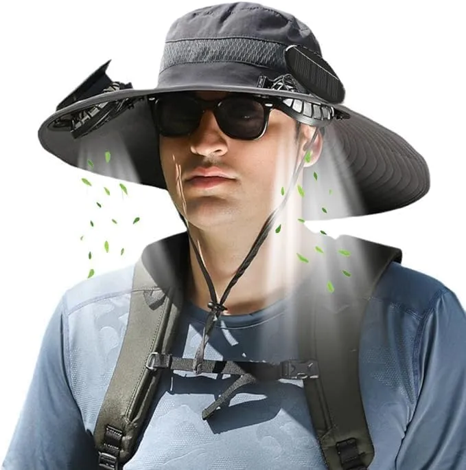 Wide Brim Solar Fan Hats for Men Women - UPF 50  Hat with Solar Fans Built in- Removable & USB Charging Fan