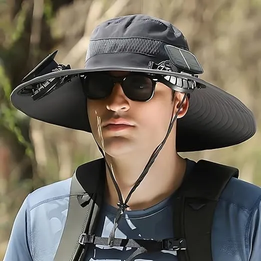 Wide Brim Solar Fan Hats for Men Women - UPF 50  Hat with Solar Fans Built in- Removable & USB Charging Fan