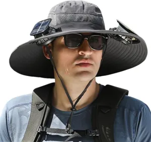 Wide Brim Solar Fan Outdoor Fishing Hat, 2 Solar Fan Hats for Men, USB & Solar Powered Fan Hat, Sombrero para el Sol Hombre, Sombrero con Ventilador Solar, Fan Hat Solar Powered UPF 50  Black