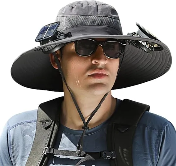 Wide Brim Solar Fan Outdoor Fishing Hat, 2 Solar Fan Hats for Men, USB & Solar Powered Fan Hat, Sombrero para el Sol Hombre, Sombrero con Ventilador Solar, Fan Hat Solar Powered UPF 50  Black
