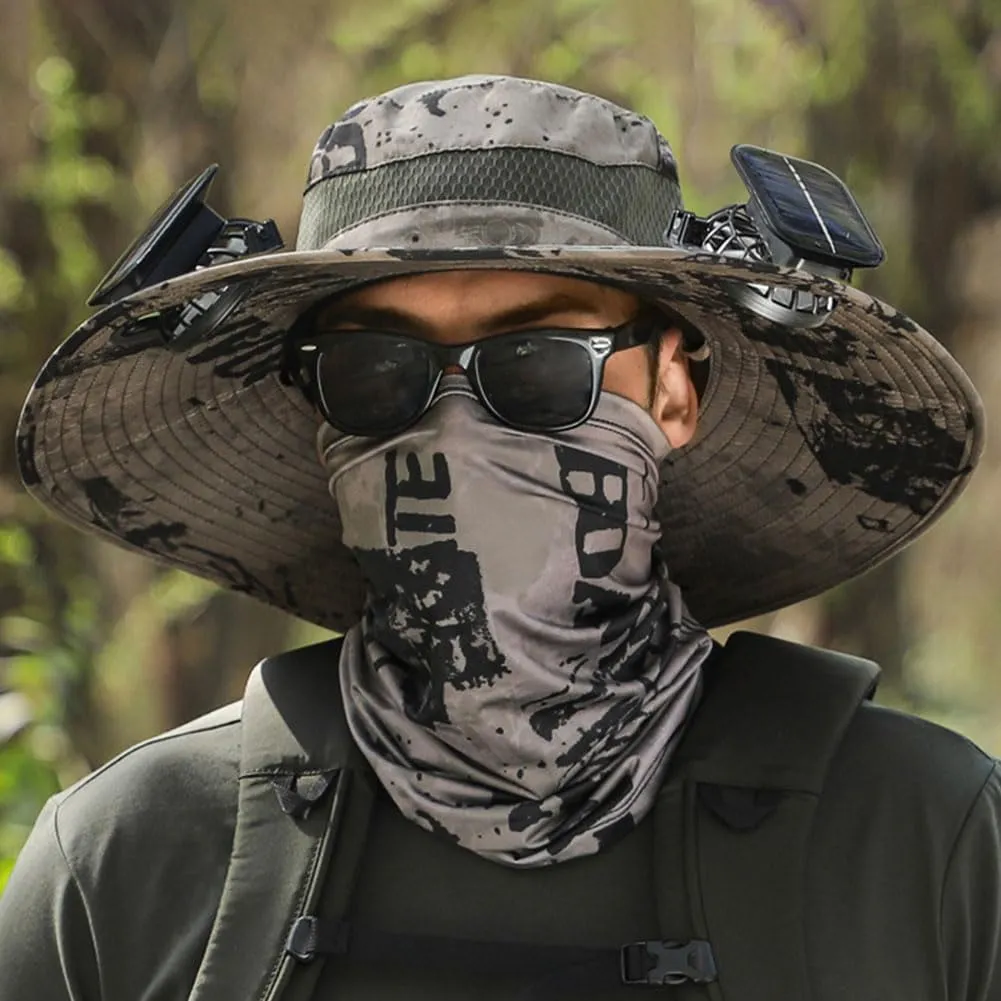 Wide Brim Solar Fan Outdoor Fishing Hat, 2 Solar Fan Hats for Men, USB & Solar Powered Fan Hat, Sombrero para el Sol Hombre,