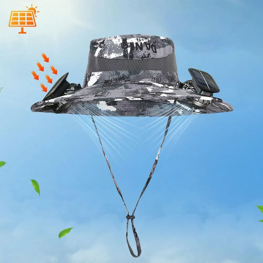 Wide Brim Solar Fan Outdoor Fishing Hat, 2 Solar Fan Hats for Men, USB & Solar Powered Fan Hat, Sombrero para el Sol Hombre,