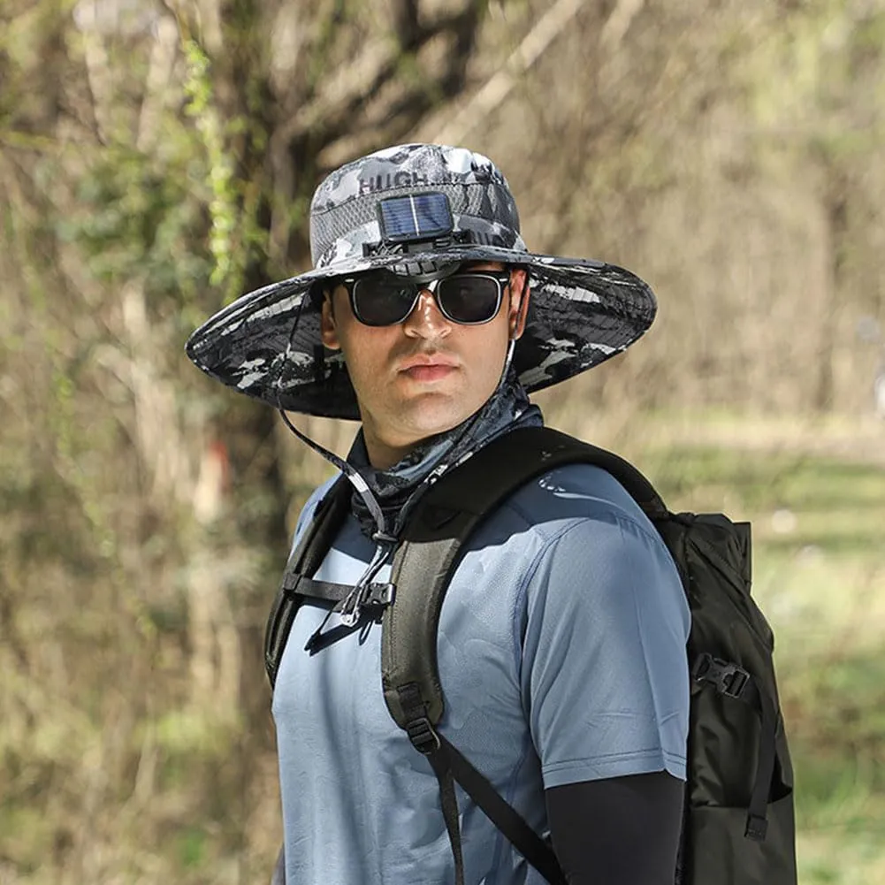 Wide Brim Solar Fan Outdoor Fishing Hat, 2 Solar Fan Hats for Men, USB & Solar Powered Fan Hat, Sombrero para el Sol Hombre,