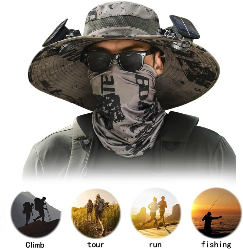 Wide Brim Solar Fan Outdoor Fishing Hat, 2 Solar Fan Hats for Men, USB & Solar Powered Fan Hat, Sombrero para el Sol Hombre,