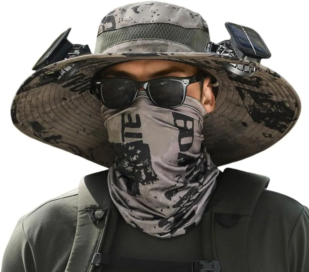 Wide Brim Solar Fan Outdoor Fishing Hat, 2 Solar Fan Hats for Men, USB & Solar Powered Fan Hat, Sombrero para el Sol Hombre,