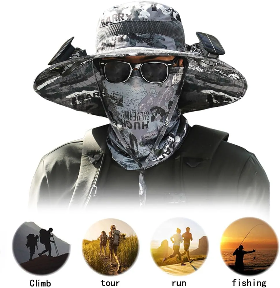 Wide Brim Solar Fan Outdoor Fishing Hat, 2 Solar Fan Hats for Men, USB & Solar Powered Fan Hat, Sombrero para el Sol Hombre,