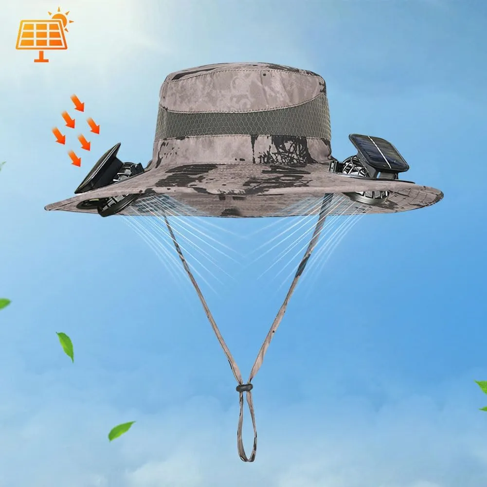 Wide Brim Solar Fan Outdoor Fishing Hat, 2 Solar Fan Hats for Men, USB & Solar Powered Fan Hat, Sombrero para el Sol Hombre,