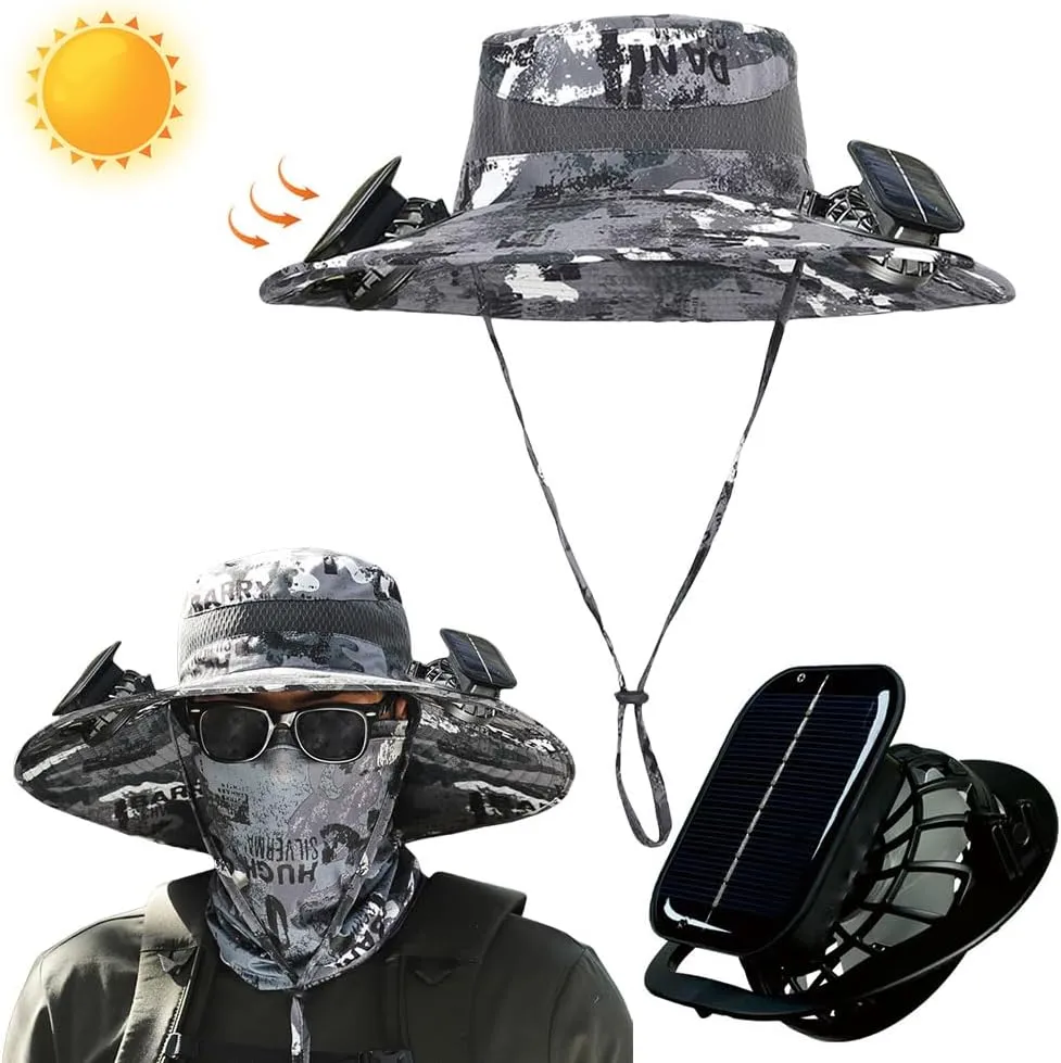 Wide Brim Solar Fan Outdoor Fishing Hat, 2 Solar Fan Hats for Men, USB & Solar Powered Fan Hat, Sombrero para el Sol Hombre,