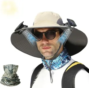 Wide Brim Solar Fan Outdoor Fishing Hat-Solar & USB Charging, Solar Powered Fan Hat Waterproof Removable