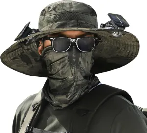 Wide Brim Solar Fan Outdoor Fishing Hat-Solar & USB Charging, Solar Powered Hat with 2 Fan