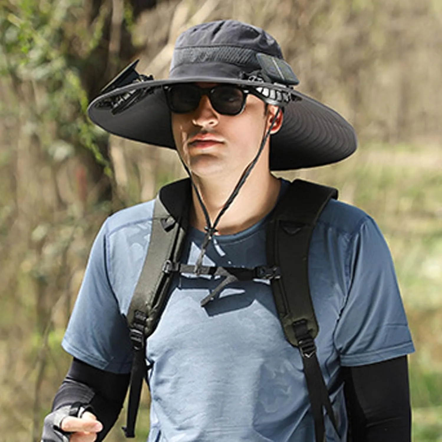 Wide Brim Solar Fan Outdoor Fishing Hat-Solar & USB Charging, Solar Powered Hat with 2 Fan