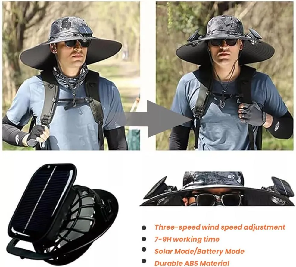 Wide Brim Solar Fan Outdoor Fishing Hat-Solar & USB Charging, Waterproof Men Sun Hat with 2 Solar Fans