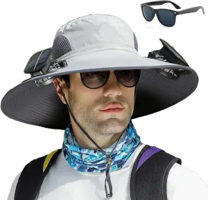 Wide Brim Solar Fan Outdoor Fishing Hat-Solar & USB Charging, Waterproof Men Sun Hat with 2 Solar Fans