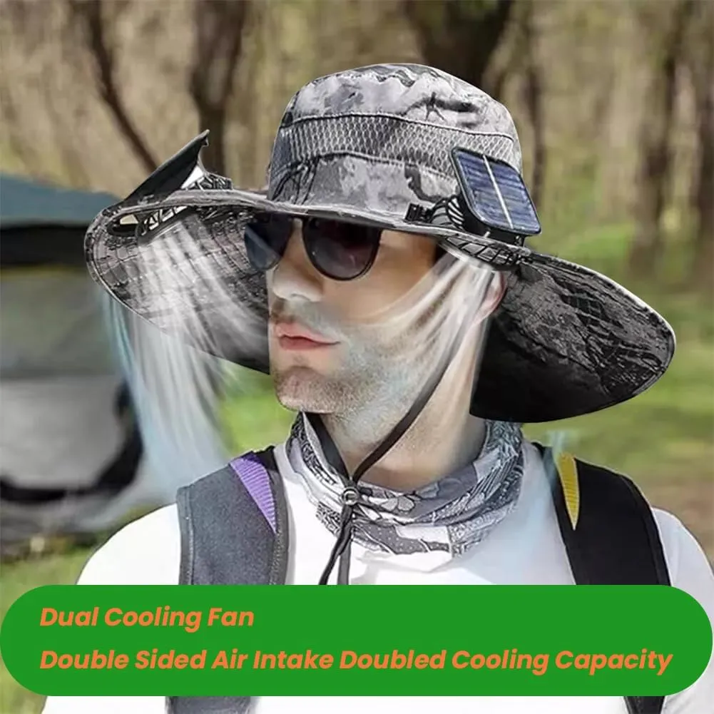 Wide Brim Solar Fan Outdoor Fishing Hat-Solar & USB Charging, Waterproof Men Sun Hat with 2 Solar Fans