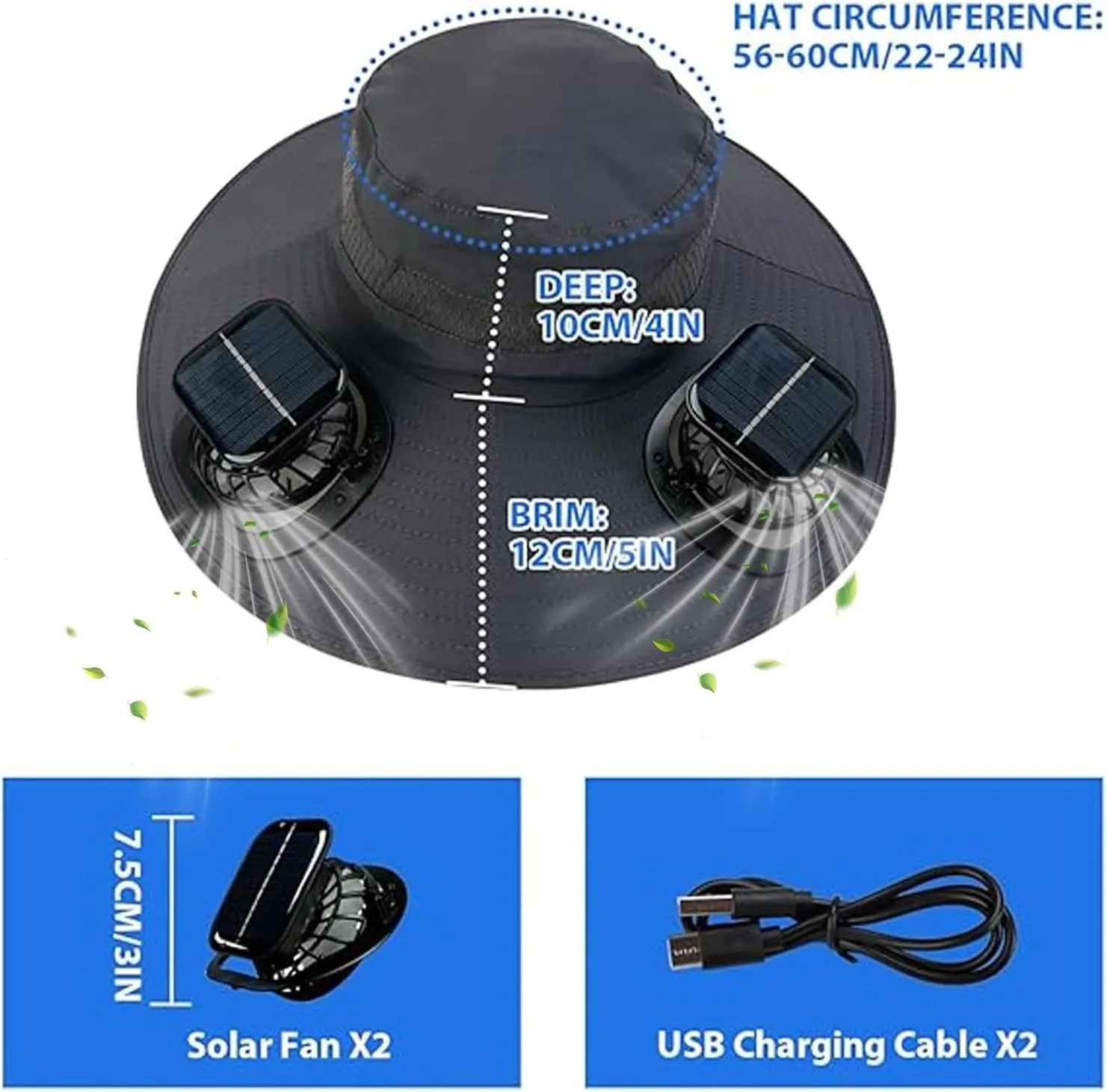 Wide Brim Solar Fan Outdoor Fishing Hat,Solar Fan Hats for Men/Women,Sombrero Con Ventilador Solar,Fishing Hat Solar Powered