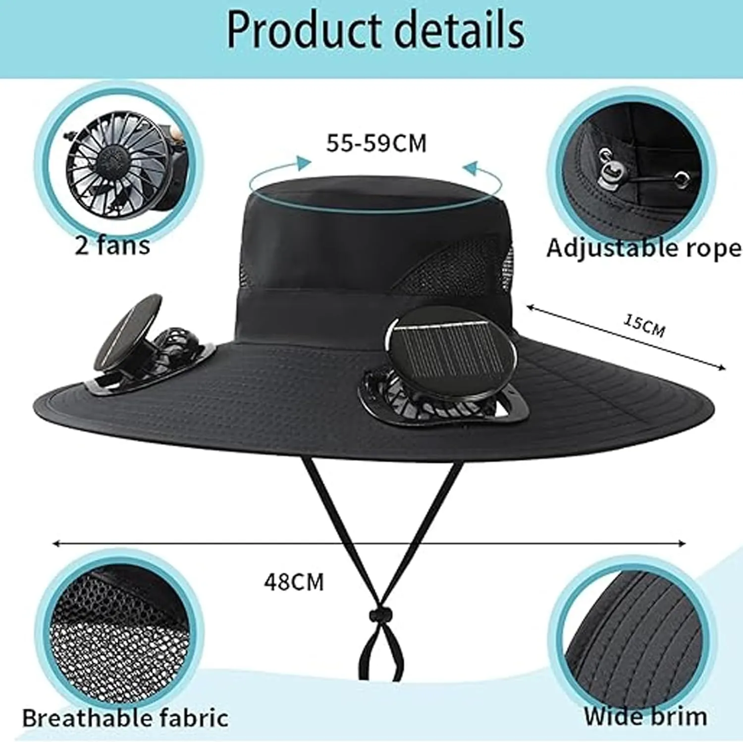 Wide Brim Solar Fan Outdoor Fishing Hat,Solar Fan Hats for Men/Women,Sombrero Con Ventilador Solar,Fishing Hat Solar Powered