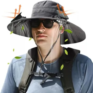 Wide Brim Solar Fan Outdoor Hat, Outdoor Wide Brim Sun Hat with 2 Solar Fan Sun Bucket Hat for Men,UPF50  Sun Fishing Hat