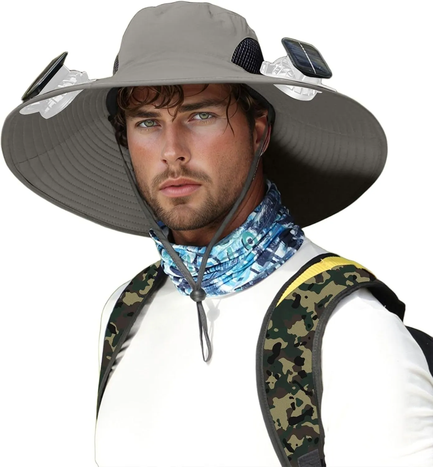 Wide Brim Solar Power Fans Hat with 2 Solar Fan Waterproof Breathable Bucket Hat Outdoor Fishing Hats for Hiking Camping