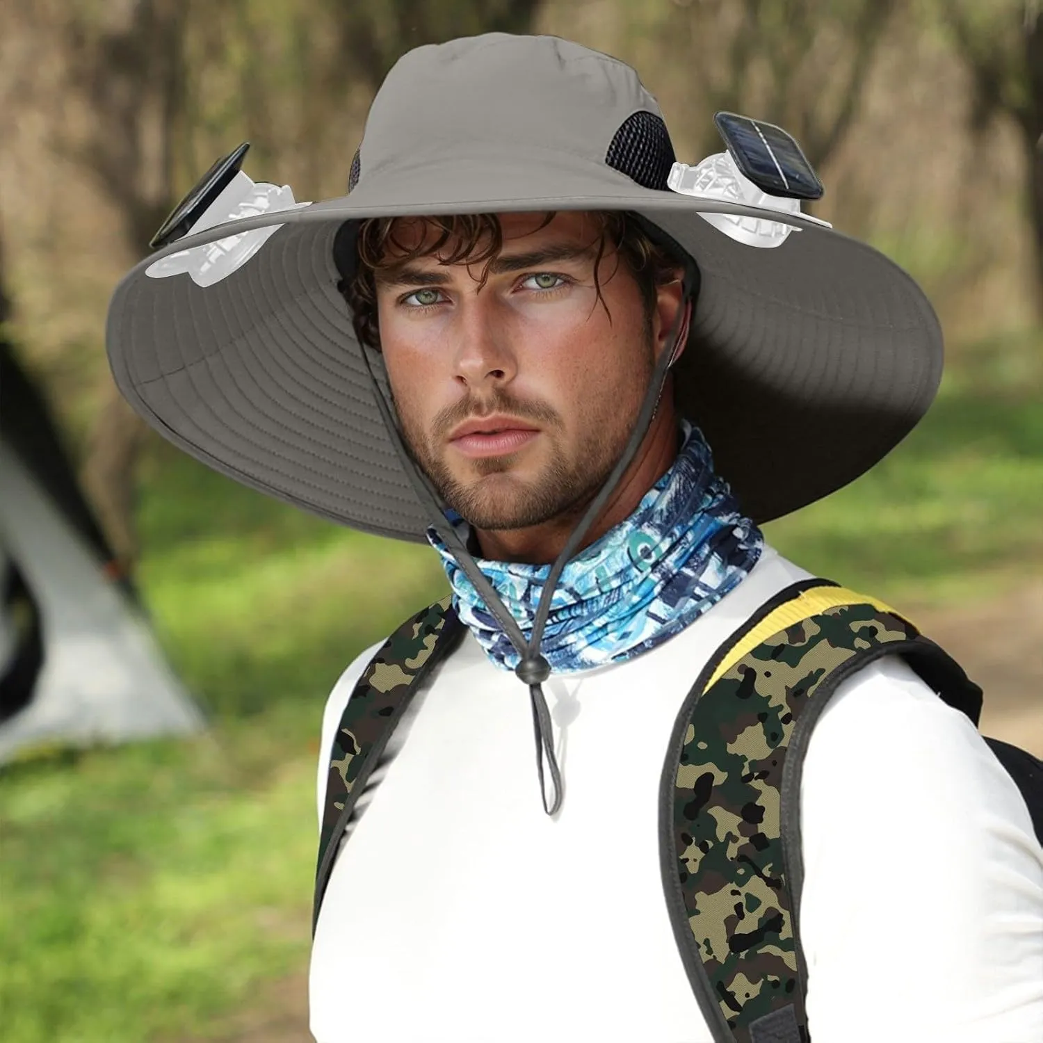 Wide Brim Solar Power Fans Hat with 2 Solar Fan Waterproof Breathable Bucket Hat Outdoor Fishing Hats for Hiking Camping