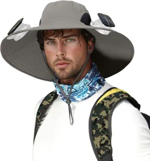 Wide Brim Solar Power Fans Hat with 2 Solar Fan Waterproof Breathable Bucket Hat Outdoor Fishing Hats for Hiking Camping