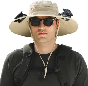 Wide Brim Sun Hat with 2 Solar Fan, Fishing Hat for Men, Solar Powered Fan Fishing Hats, 3 Speed Adjustable Fan Hat