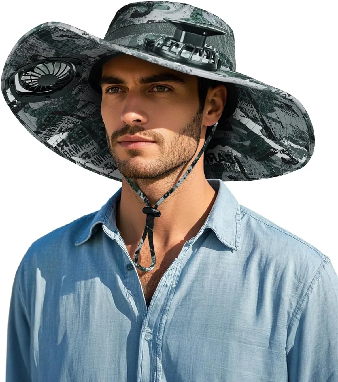 Wide Brim Sun Hat with 2 Solar Fan, Sun Bucket Hat for Men Women, UPF 50  Bucket Fishing & Beach Hat with Fan