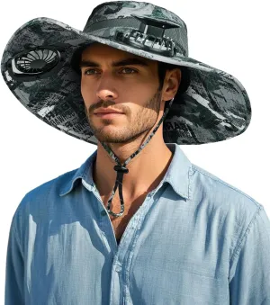 Wide Brim Sun Hat with 2 Solar Fan, Sun Bucket Hat for Men Women, UPF 50  Bucket Fishing & Beach Hat with Fan