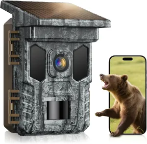 WiFi Trail Camera Solar, 4K 64MP Game Cam with Night Vision Motion Activated Waterproof IP66, 0.2s Trigger Trail Cam with 850nm Low Glow Infrared LEDs, Wildlife Camera with 32GB SD Card