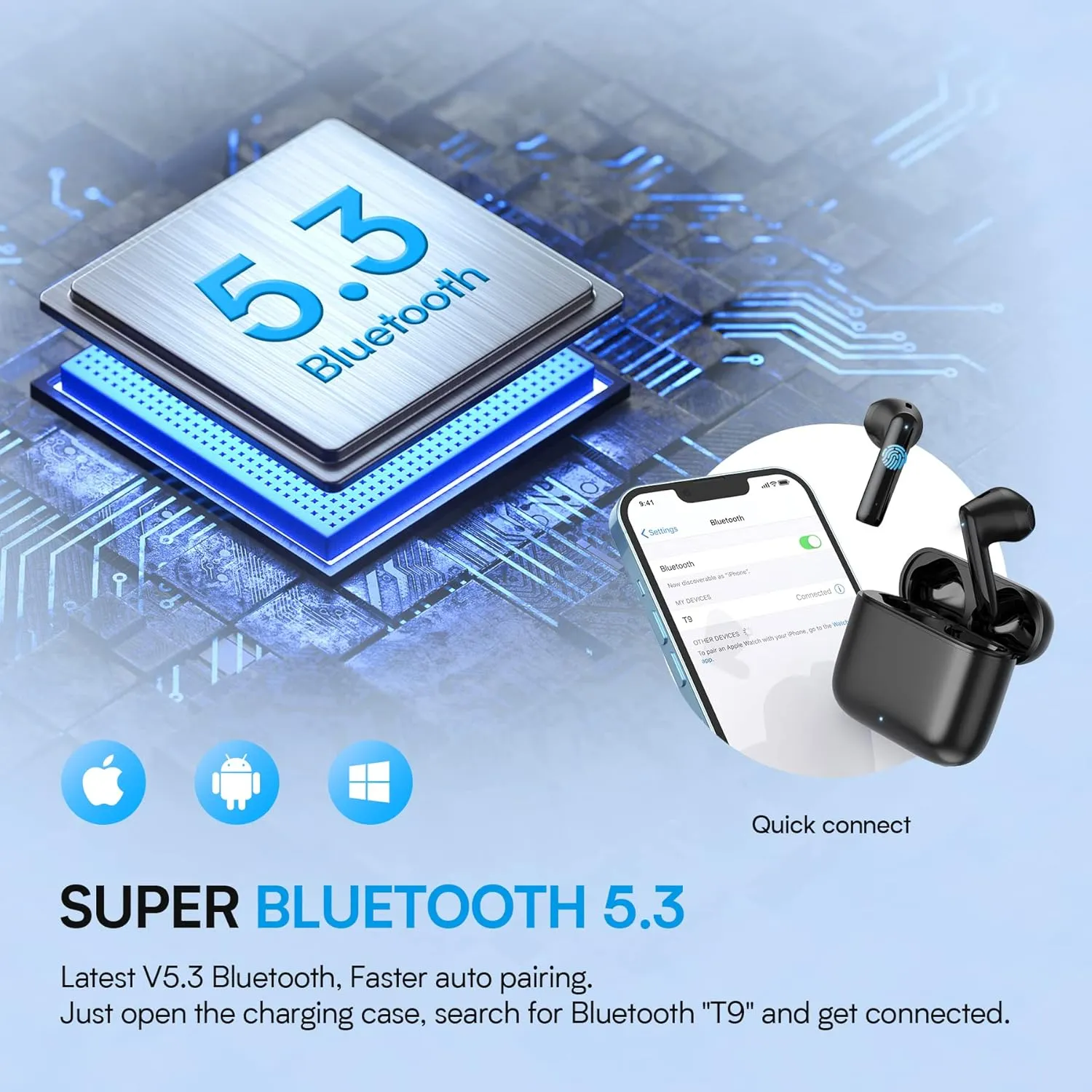 Wireless Earbuds 40H Playtime 8H Continuous Playtime Bluetooth Ear Buds, IPX6 Waterproof Stereo Sound Bluetooth Wireless Headphones with Microphone and Charging Case for iOS Android Sports Black