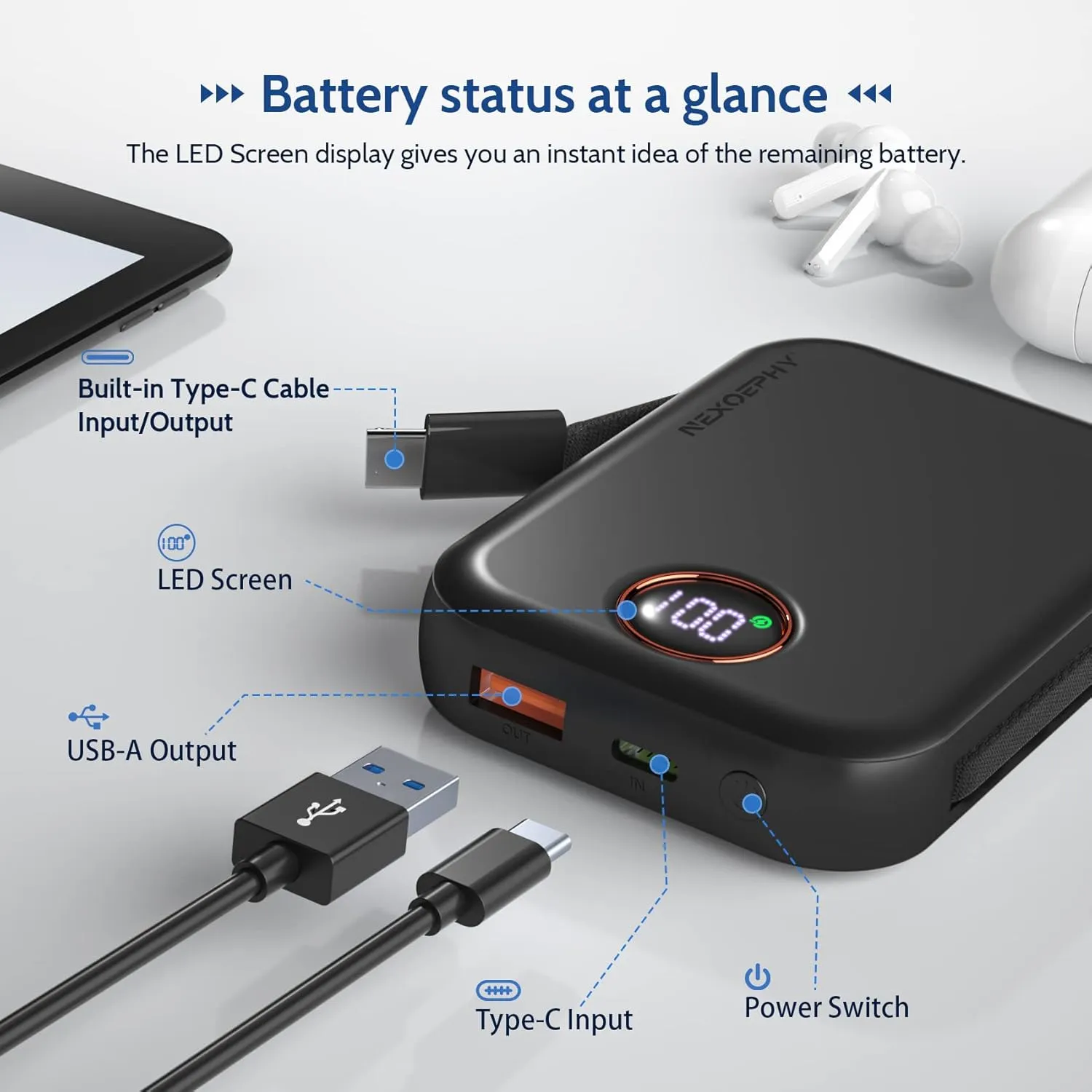 Wireless Portable Charger, 10000mAh Magnetic Power Bank Built-in Type-C Cable 22.5W PD Fast Charging Power Bank LED Display Travel Battery for iPhone 16/15/14/13/12 Series, iPad, Black